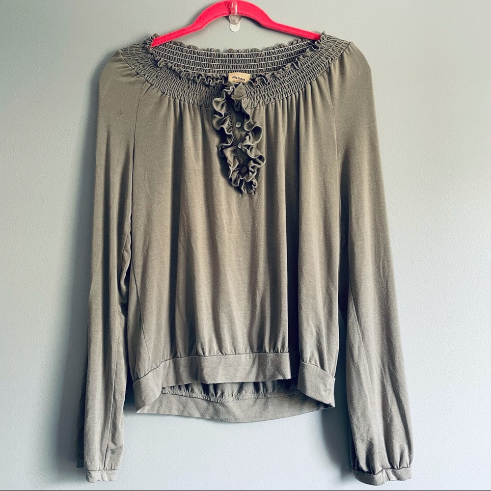Grey Off-Shoulder Long-Sleeve Ruffled Shirt L